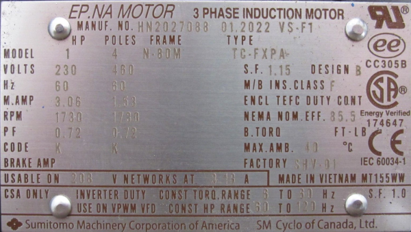 NEW SUMITOMO CNHMS1-6100YA-EP-43 GEAR MOTOR 43:1 1HP 230/460V PA244868 ...