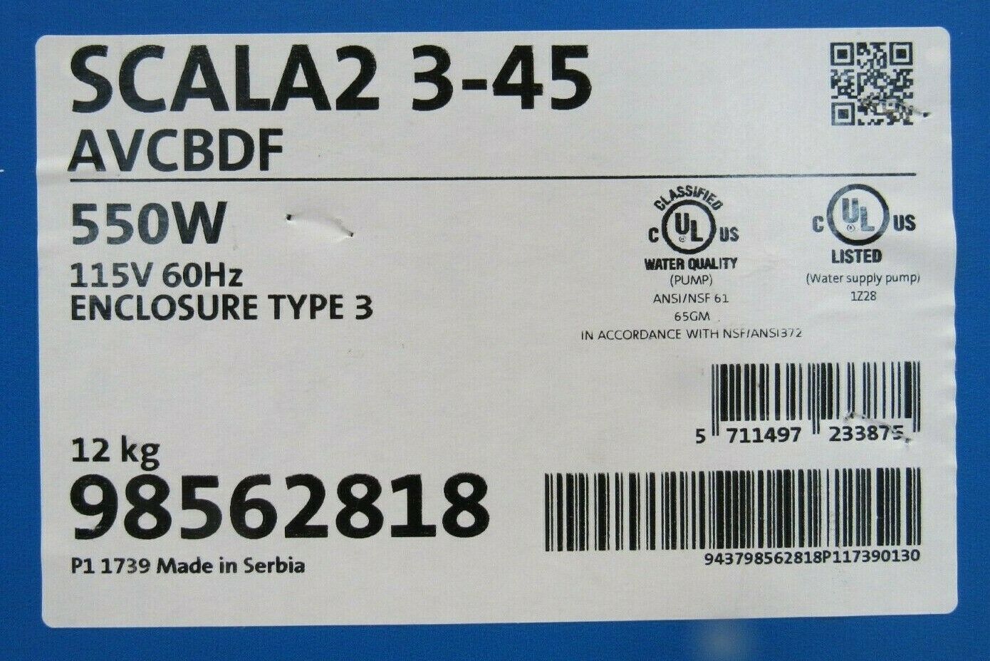 NEW GRUNFOS 98562818 SCALA2 3-45 AVCBDF WATER BOOSTER PUMP 115V – SB .