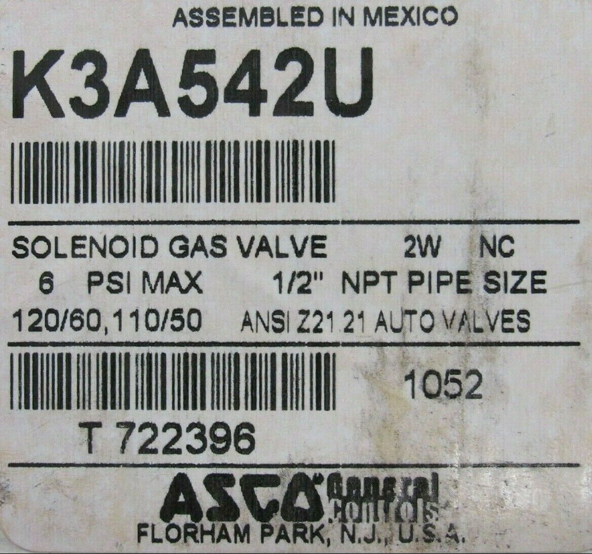 ASCO K3A452U Valve,Solenoid 0-1/2 PSI 3/4" NPT 120Vac 2 Way N/C 